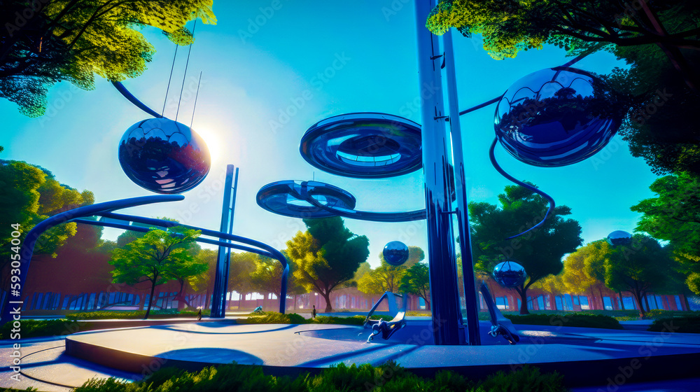 Poster futuristic park with swing set in the foreground and trees in the background. generative ai.