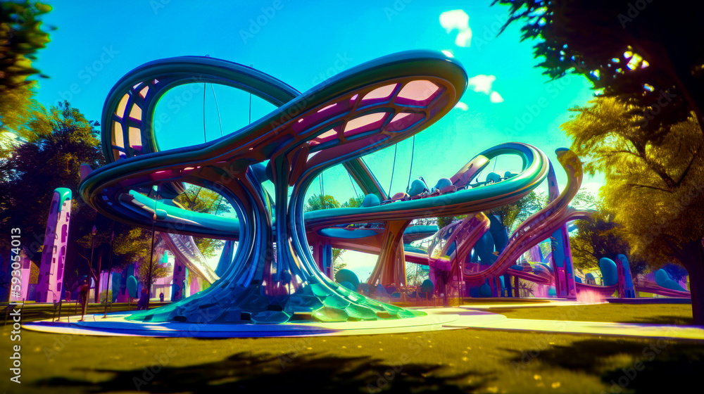 Poster artistic rendering of futuristic city with giant structure in the middle of it. generative ai.