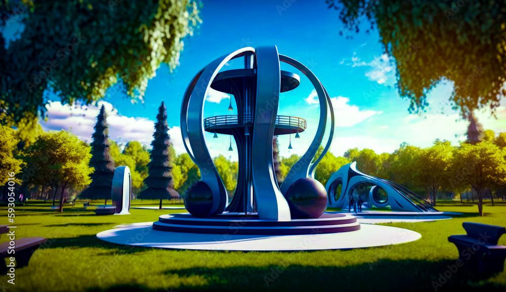 Poster large sculpture in the middle of park with trees in the background. generative ai.