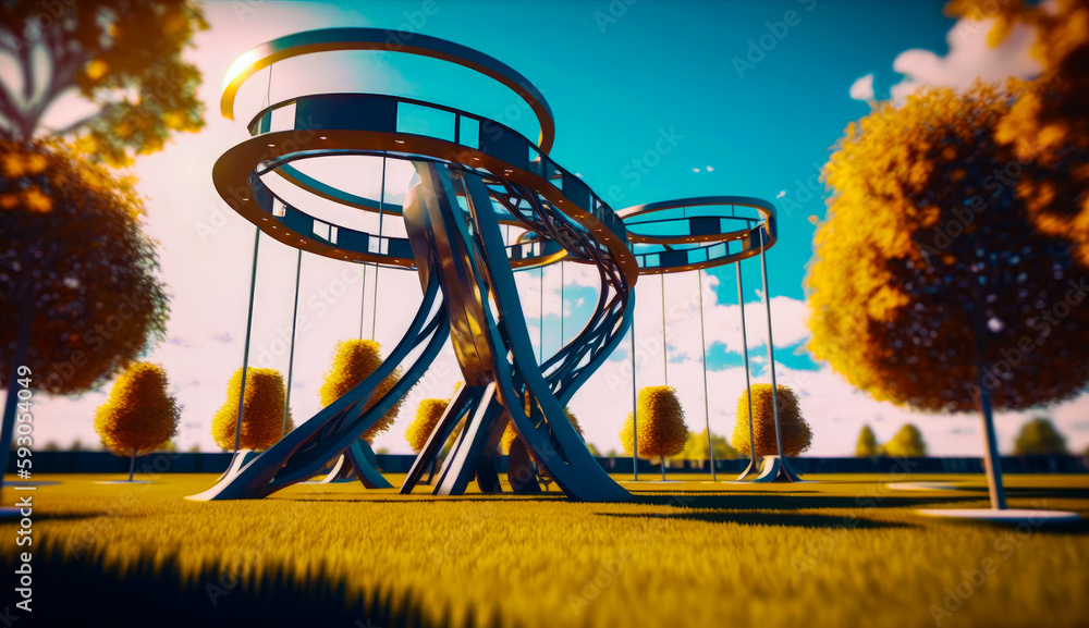Aufkleber 3d rendering of swing set in grassy field with trees in the background. generative ai.