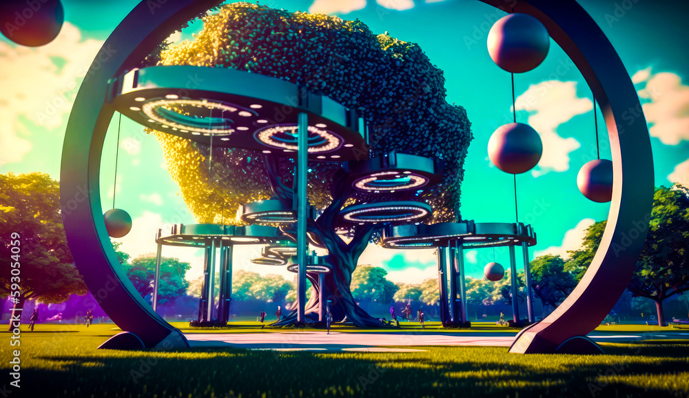 Poster futuristic park with tree in the middle of it and playground in the background. generative ai.