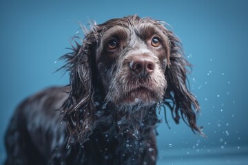 A wet, happy Cocker Spaniel dog taking a bath, playing in water. pet care grooming and washing concept.