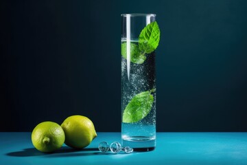 A highball with a lime and mint drink, a metal tube, and a blue backdrop with intense lighting and shadows in a vertical orientation. Generative AI
