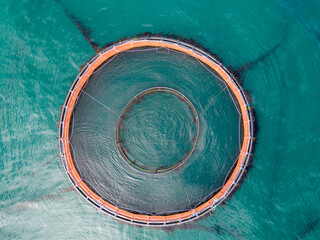 Salmon fish farm aquaculture. Aerial drone view of fish farm cages off the Antrim coast in Northern Ireland