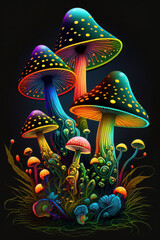 Fluorescent psychedelic mushrooms. Generative Ai