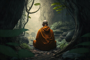 Obraz na płótnie Canvas Rear view of a buddhist monk meditating in the forest. Generative Ai