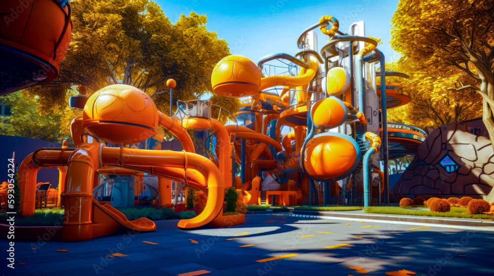 Aufkleber playground with large orange slide in the middle of park with trees and buildings in the background.