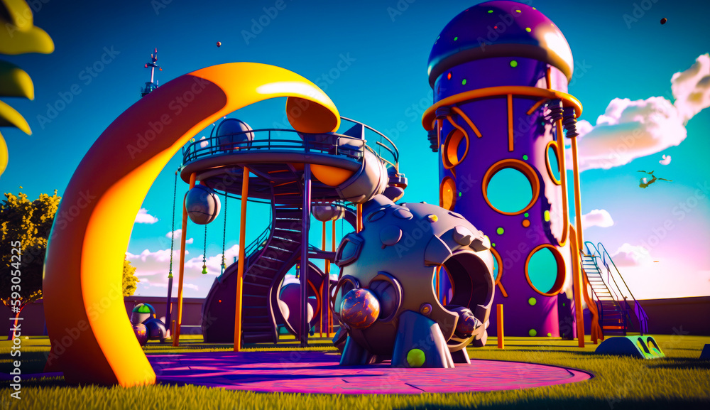 Poster colorful playground with slide and slide in the middle of it. generative ai.