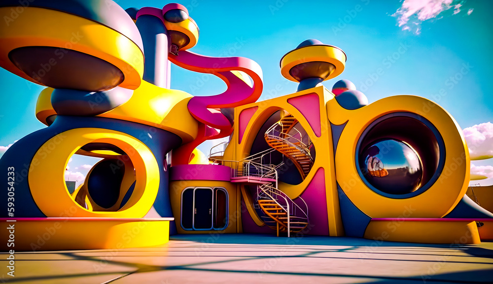 Poster colorful building with spiral staircase and spiral staircase in front of it. generative ai.
