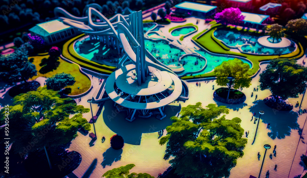 Poster aerial view of park with lots of trees and building in the background. generative ai.