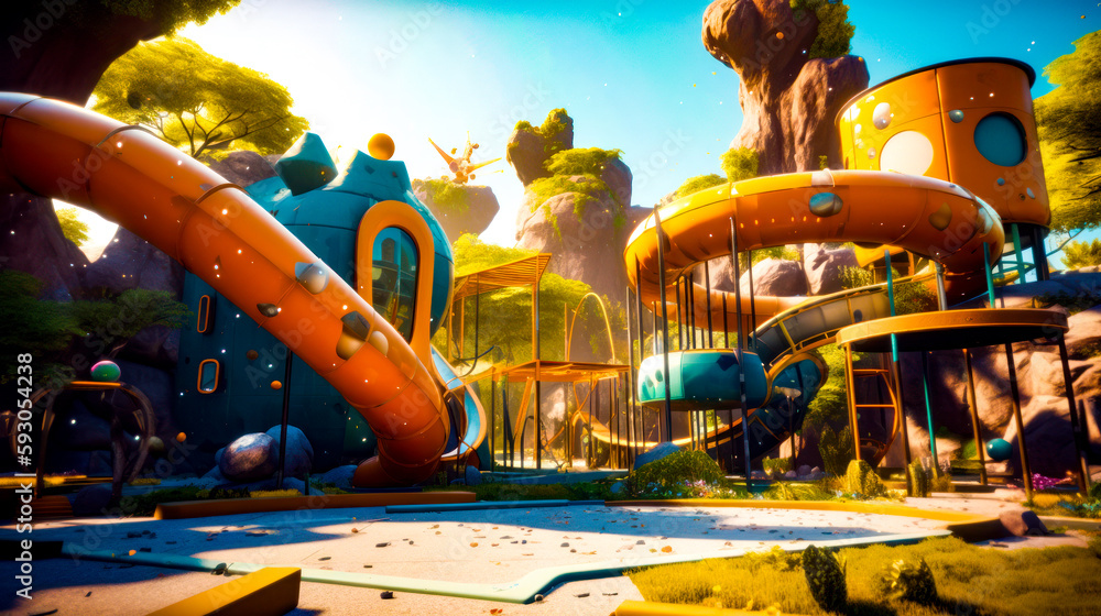 Aufkleber colorful playground with slides and slides in the middle of the playground area. generative ai.