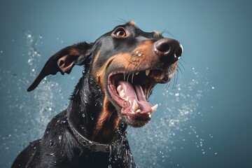 A wet, happy Doberman dog taking a bath, playing in water. pet care grooming and washing concept.