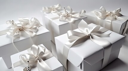 Elegant Wrapped Gift Packages with Shiny Bows for a Festive Valentine's Day. Generative AI