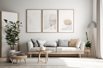 Generative Modern Home Design: Decorative Canvas Frame Against White Wall with Scandinavian Living Room Background, Generative AI