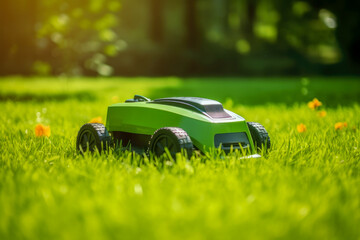 Automatic robot lawn mower on a green lawn with summer landscape background. High quality generative ai