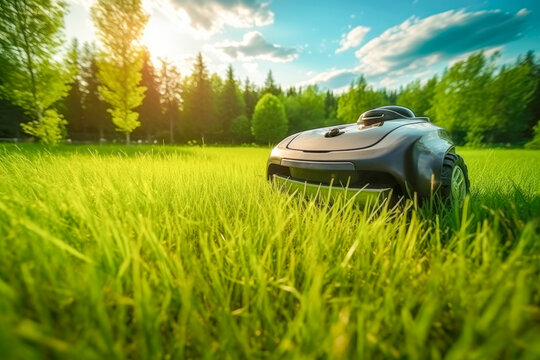 Automatic robot lawn mower on a green lawn with summer landscape background. High quality generative ai