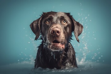 A wet, happy Labrador Retriever dog taking a bath, playing in water. pet care grooming and washing concept.