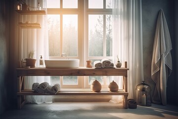A few shelves in a bathroom and a wooden table in front of a misty window. Generative AI