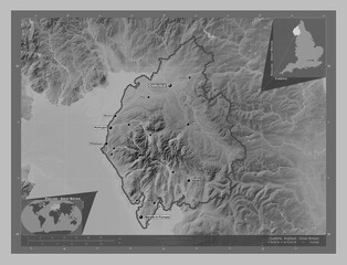Cumbria, England - Great Britain. Grayscale. Labelled points of cities