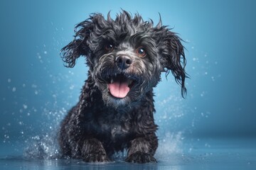 A wet, happy Poodle dog taking a bath, playing in water. Dynamically shaking off water - pet care grooming concept