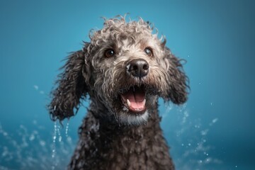 A wet, happy Poodle dog taking a bath, playing in water. Dynamically shaking off water - pet care grooming concept