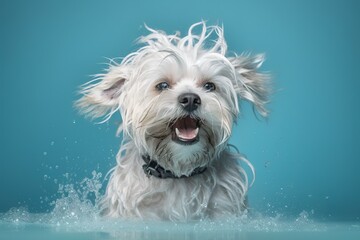 A wet, happy Maltese dog taking a bath, playing in water. pet care grooming and washing concept.