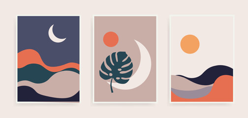 Fototapeta na wymiar Set of abstract landscape posters. Modern background flat design. Contemporary boho sun moon and mountains minimalist wall decor.