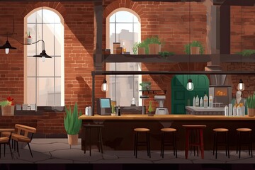 Interior of a contemporary café in loft style. with occupants. Restaurant in Flat Illustration. Generative AI