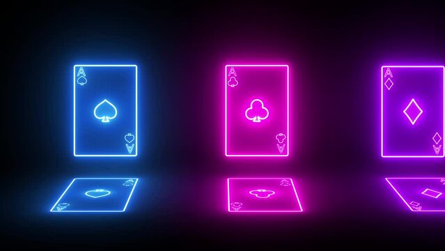 Neon Playing Card Animation On Black Background. Use For Poker Casino Gambling Background. Four Aces Playing Cards Single Heart, Spade, Diamond, And Club Neon Animation Bg