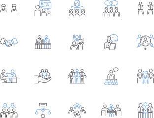 Discussion outline icons collection. Debate, Analyze, Evaluate, Exchange, Assess, Vent, Comprehension vector and illustration concept set. Sharpening,Review,Argument linear signs