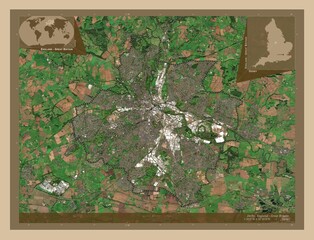 Derby, England - Great Britain. Low-res satellite. Labelled points of cities