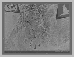 Derbyshire Dales, England - Great Britain. Grayscale. Labelled points of cities