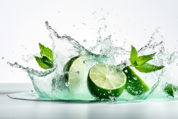 Fototapeta na wymiar Water splashing with fresh lime slices, mint leaves as a concept for summertime libations. White high key background. High quality generative ai