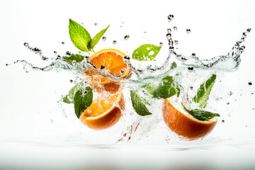 Water splashing with fresh orange slices, mint leaves as a concept for summertime libations. White high key background. High quality generative ai