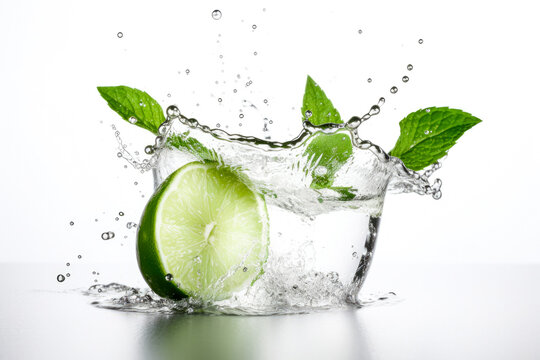 Water splashing with fresh lime slices, mint leaves as a concept for summertime libations. White high key background. High quality generative ai