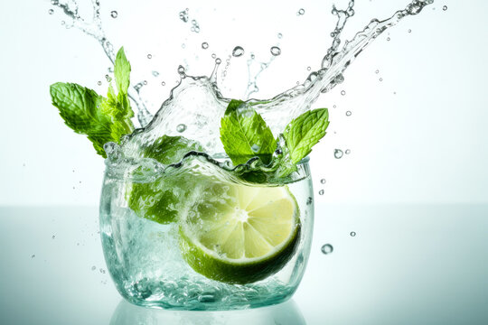 Water splashing with fresh lime slices, mint leaves as a concept for summertime libations. White high key background. High quality generative ai