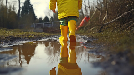 Feet of child in yellow rubber boots jumping over a puddle in the rain. Generative Ai