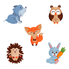 Cute woodland forest animal vector illustration set. Including wolf, fox, owl, hedgehog. rabbit. Cartoon flat design