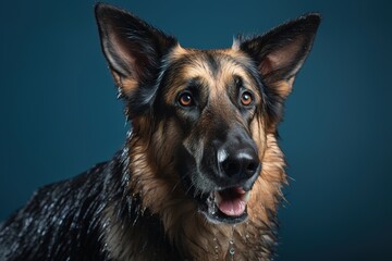 A wet, happy German Shepherd dog taking a bath, playing in water. pet care grooming and washing concept.