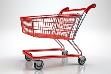 An illustration of a red shopping cart on a white background for retail advertising. Generative AI