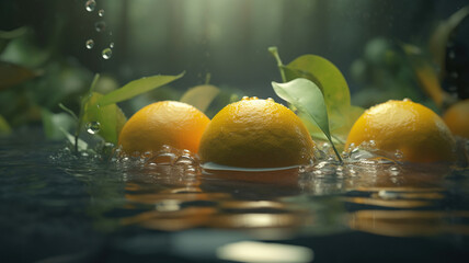 Fresh orange fruits with leaves was placed in the middle of the water. Generative Ai