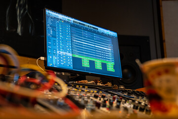 Song mixing channels on display of music recording software at a recording studio