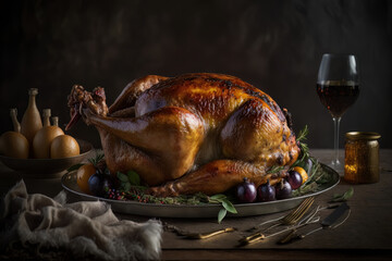 Roasted turkey on table. Generative Ai