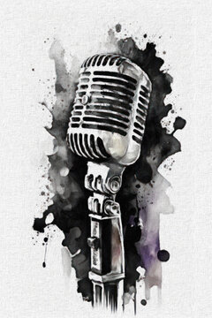 Retro microphone on grunge background. Watercolor hand drawn illustration. Ai generative.