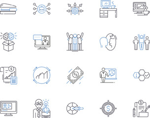 microfinance outline icons collection. Microfinance, Banking, Credit, Loans, Savings, Entrepreneurship, Cooperative vector and illustration concept set. Investment, Poverty, Women linear signs