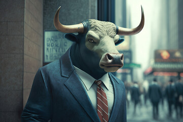 a bull dressed in a business suit on wall street  - obrazy, fototapety, plakaty