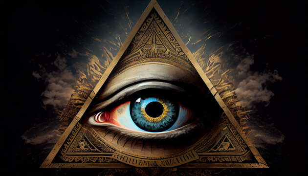 blue Eye of Providence, All-Seeing Eye of God in triangle, ancient masonic symbol