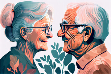 Illustration of happy senior man and woman. Double exposure