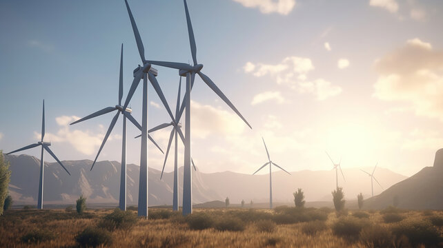 Wind turbines on sunny morning. Generative Ai