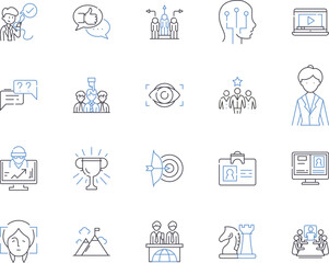 Mentorship outline icons collection. Mentoring, Tutelage, Guiding, Coaching, Advice, Tutoring, Support vector and illustration concept set. Sustenance, Monitoring, Nurture linear signs